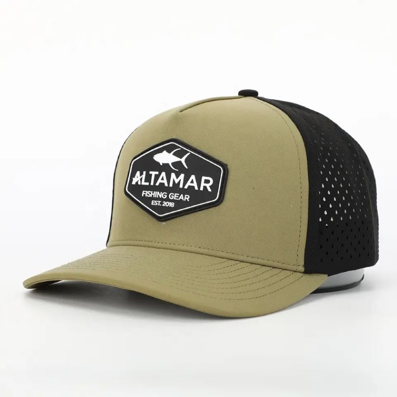 Custom de 5 paneles impermeables Ejército de poliéster verde láser Cortero Sombrero deportivo, Gorras de golf perforada, goma de béisbol de béisbol de logotipo de parche de goma