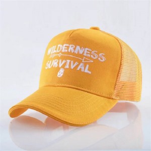 Bordado de gamuza de algodón amarillo impreso personalizado estructurado 6 paneles de malla de malla Capilla de béisbol camionero