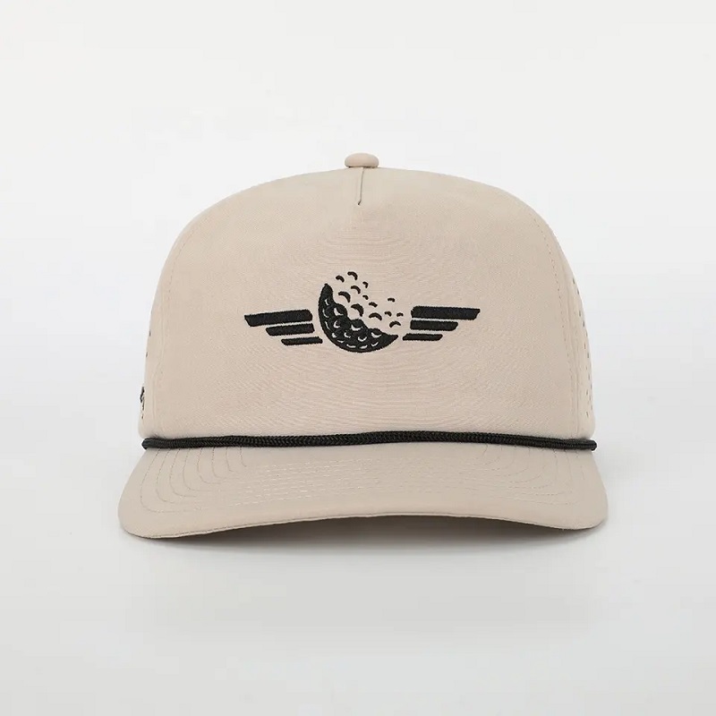 Logotipo de bordado personalizado al por mayor 5 panel de papá Dad Hat Gorras de poliéster de alta calidad Gorras, Láser Cut Hole Sport Rope Black Baseball Baseball